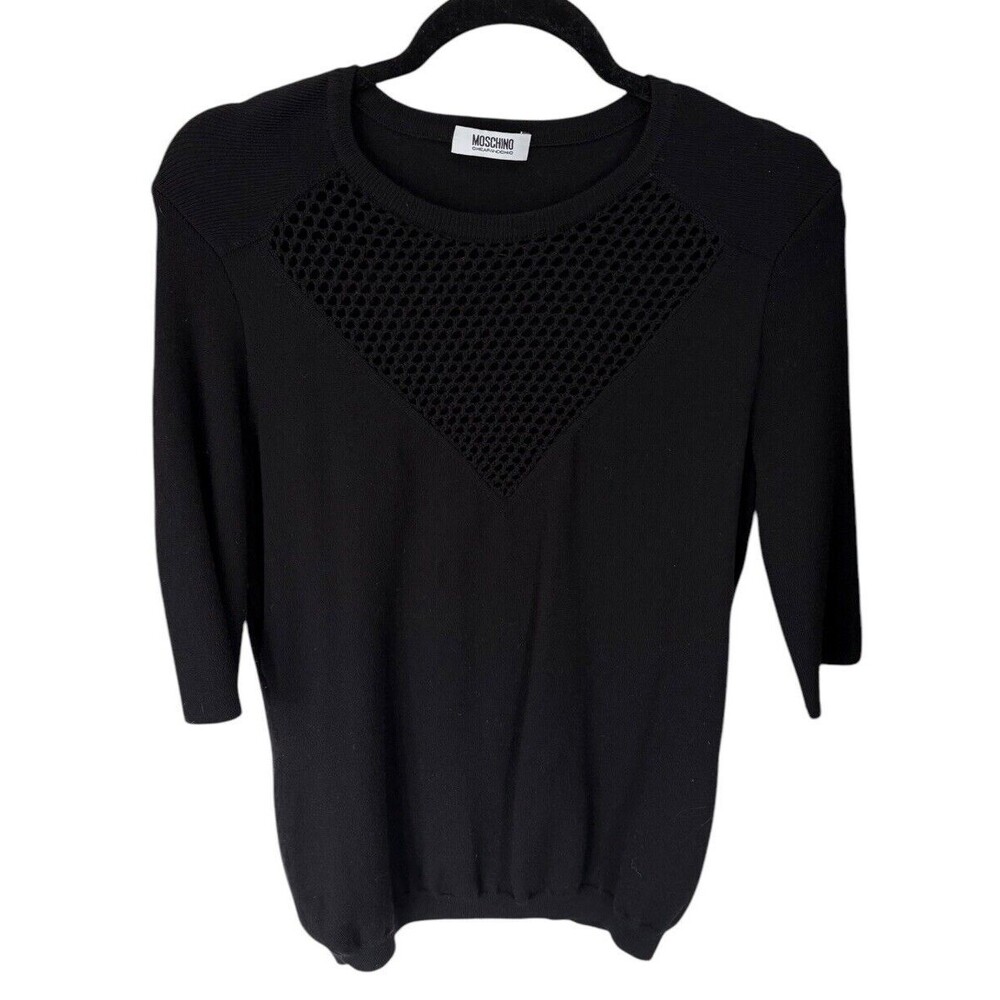 Moschino Cheap And Chic Virgin Wool Black Sweater 3/4 Sleeve‎ Open Knit Bodice